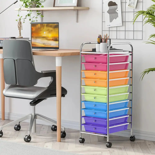 10 Drawer Rolling Storage Cart Organizer with 4 Universal Casters-Transparent Multicolor Costway
