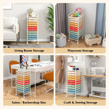 10 Drawer Rolling Storage Cart Organizer with 4 Universal Casters-Macaron Multicolor - Macaron Multicolor - File