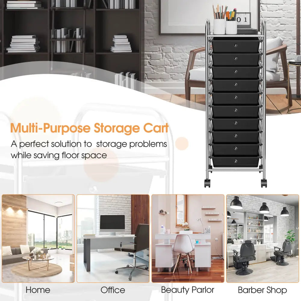 10 Drawer Rolling Storage Cart Organizer with 4 Universal Casters-Black - Black - File Cabinets