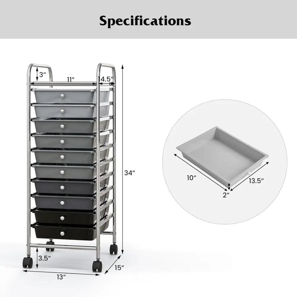 10 Drawer Rolling Storage Cart Organizer with 4 Universal Casters-Gradient Gray - Gradient Gray - File Cabinets