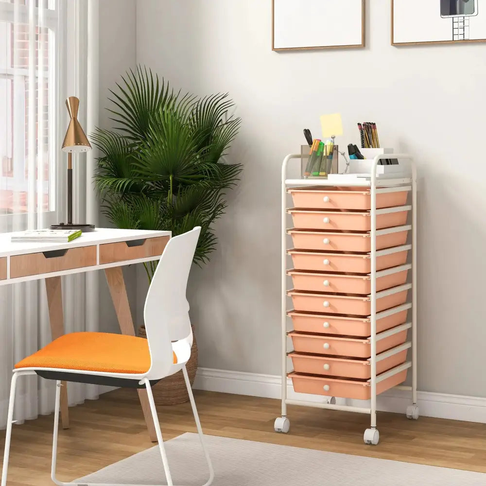 10 Drawer Rolling Storage Cart Organizer with 4 Universal Casters-Cherry Costway