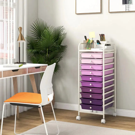 10 Drawer Rolling Storage Cart Organizer with 4 Universal Casters-Purple Costway