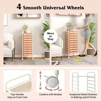 10 Drawer Rolling Storage Cart Organizer with 4 Universal Casters-Cherry Costway