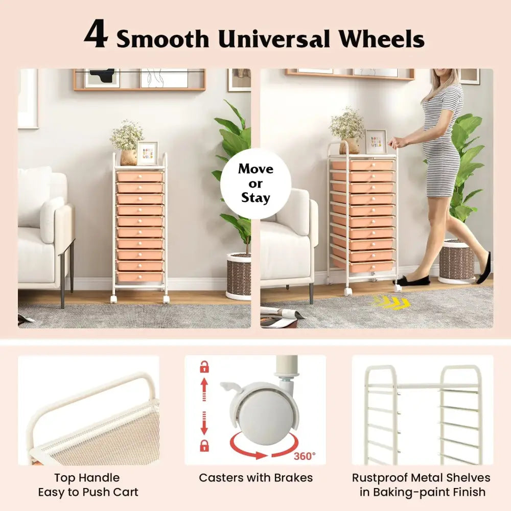 10 Drawer Rolling Storage Cart Organizer with 4 Universal Casters-Cherry Costway