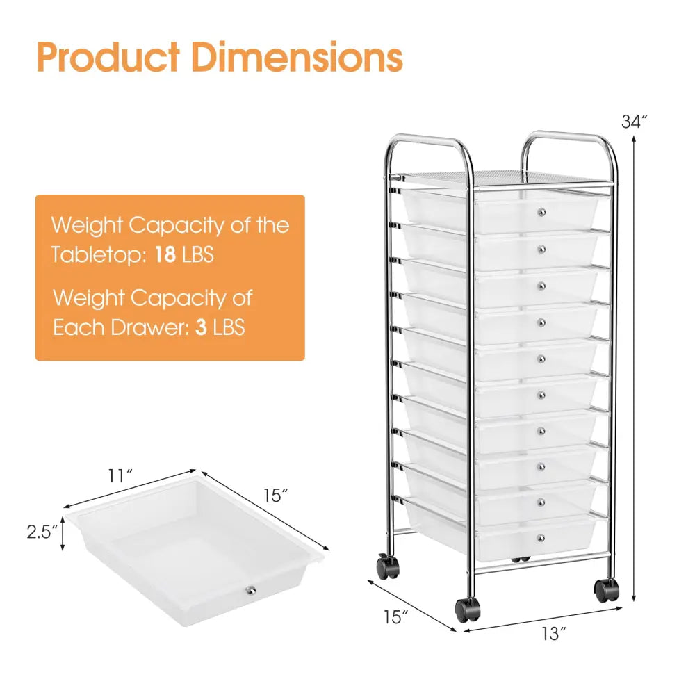 10 Drawer Rolling Storage Cart Organizer with 4 Universal Casters-Transparent - Transparent - File Cabinets