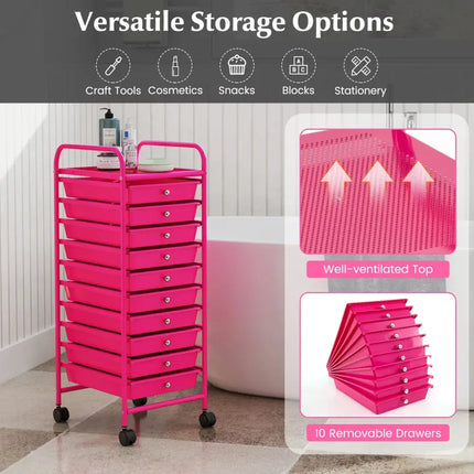 10 Drawer Rolling Storage Cart Organizer with 4 Universal Casters-Pink Costway