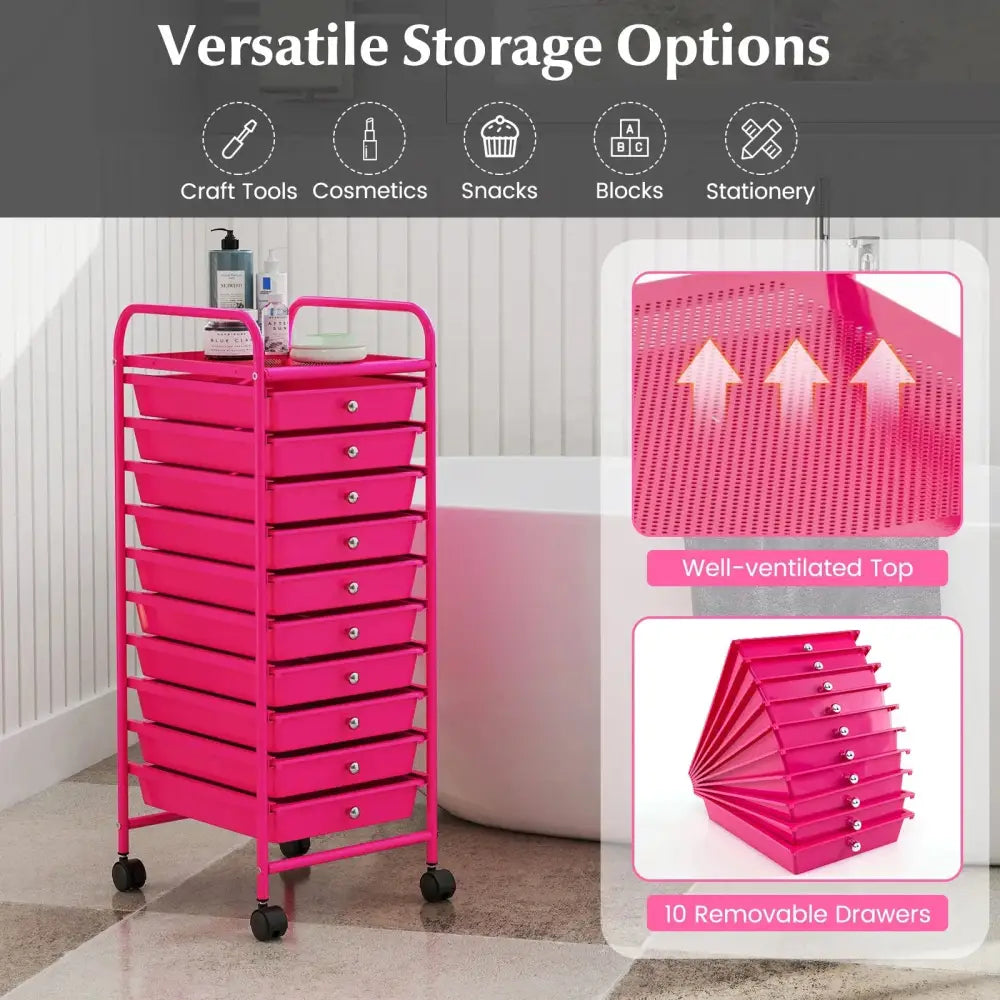 10 Drawer Rolling Storage Cart Organizer with 4 Universal Casters-Pink Costway