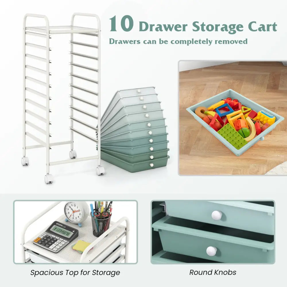 10 Drawer Rolling Storage Cart Organizer with 4 Universal Casters-Green - Green - File Cabinets