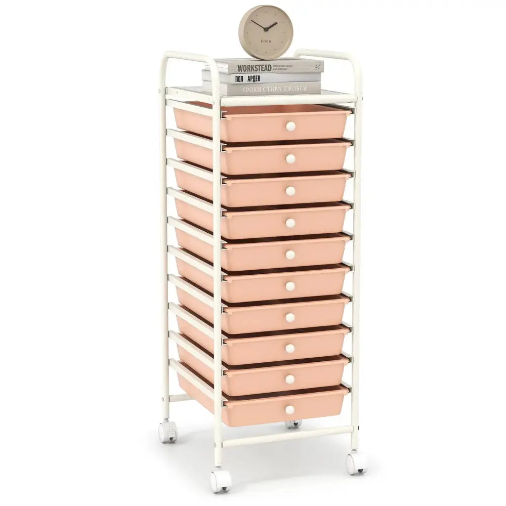 10 Drawer Rolling Storage Cart Organizer with 4 Universal Casters-Cherry Costway