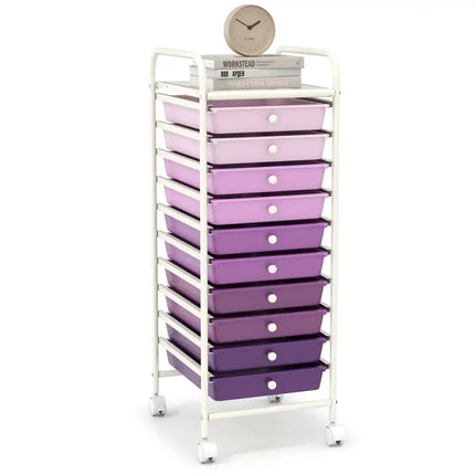 10 Drawer Rolling Storage Cart Organizer with 4 Universal Casters-Purple Costway