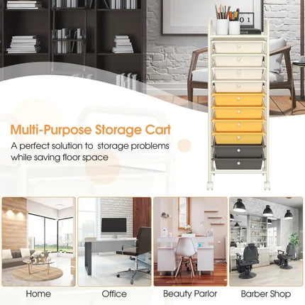 10 Drawer Rolling Storage Cart Organizer with 4 Universal Casters-Yellow Costway