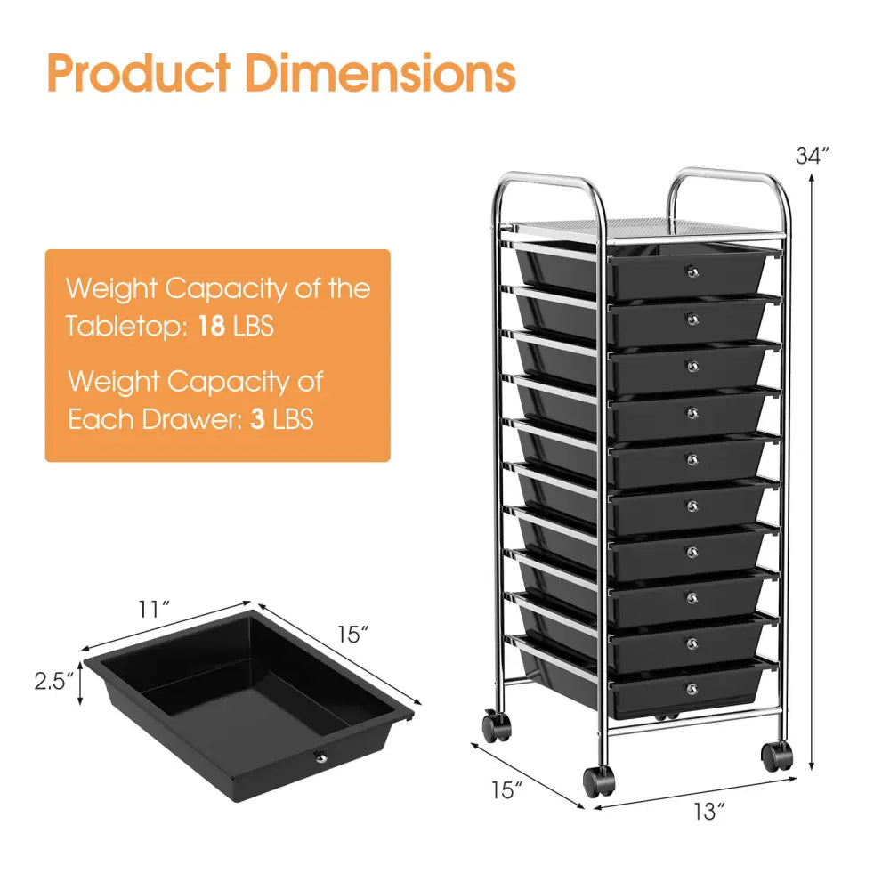 10 Drawer Rolling Storage Cart Organizer with 4 Universal Casters-Black - Black - File Cabinets