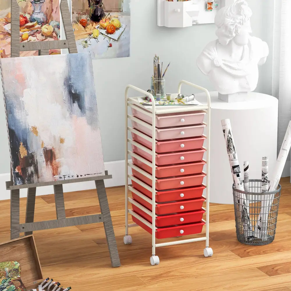 10 Drawer Rolling Storage Cart Organizer with 4 Universal Casters-Gradient Pink - Gradient Pink - File Cabinets