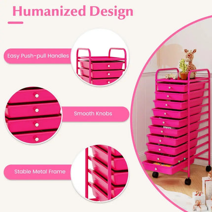 10 Drawer Rolling Storage Cart Organizer with 4 Universal Casters-Pink Costway