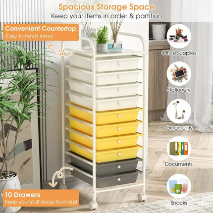 10 Drawer Rolling Storage Cart Organizer with 4 Universal Casters-Yellow Costway