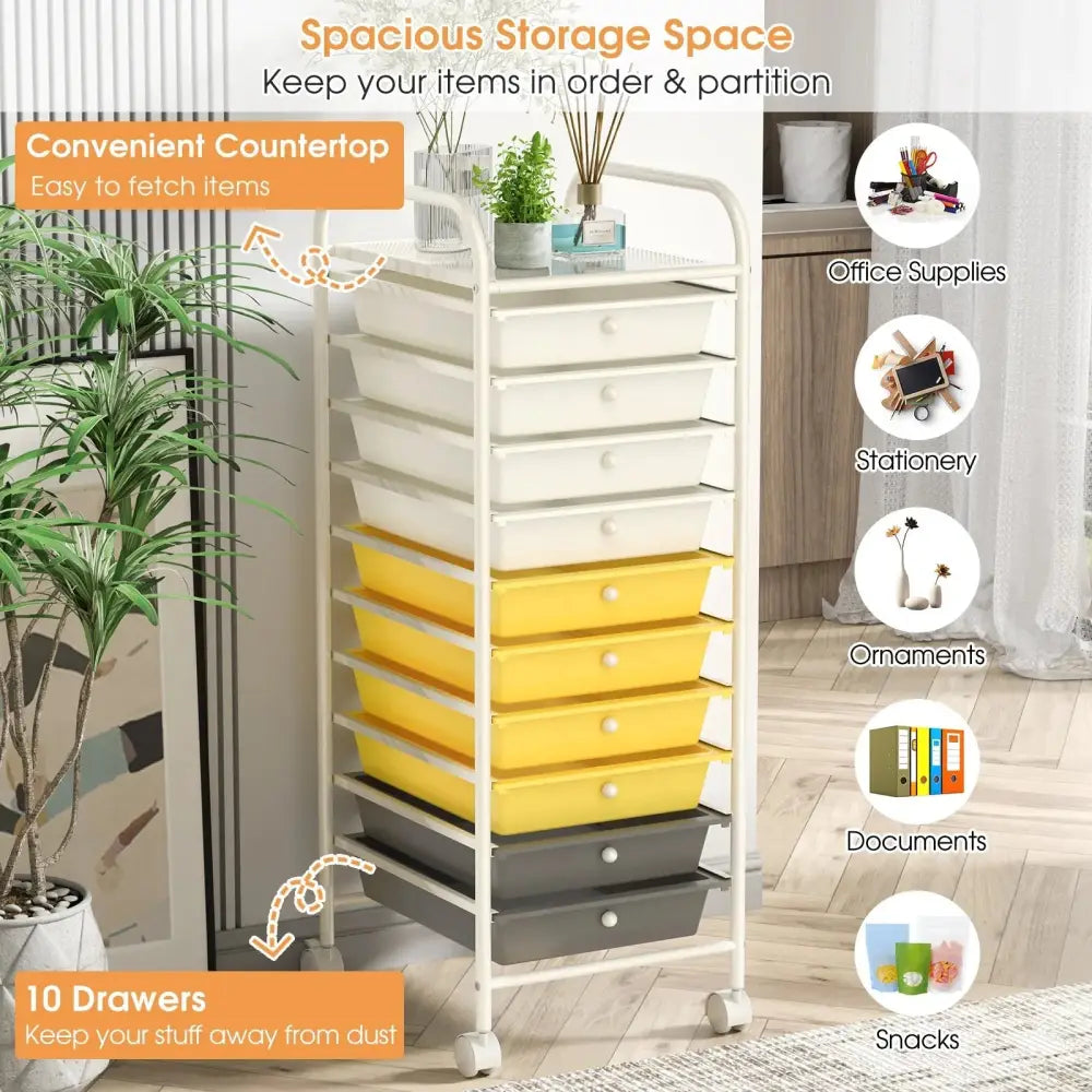 10 Drawer Rolling Storage Cart Organizer with 4 Universal Casters-Yellow Costway