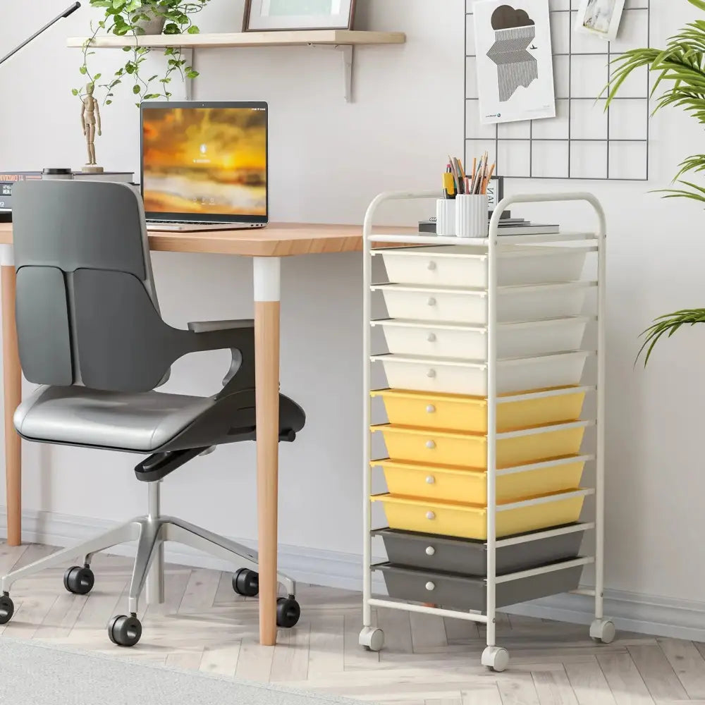 10 Drawer Rolling Storage Cart Organizer with 4 Universal Casters-Yellow Costway