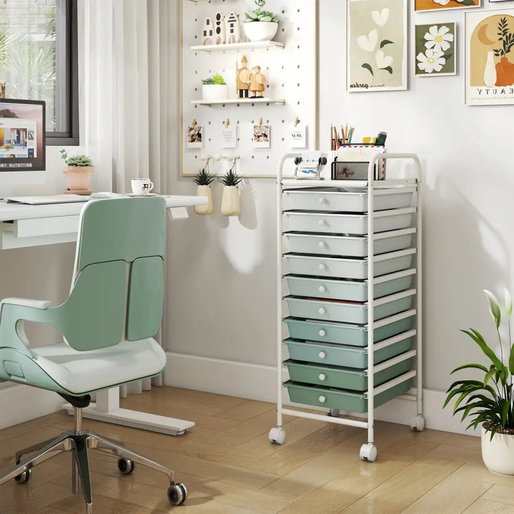 10 Drawer Rolling Storage Cart Organizer with 4 Universal Casters-Green - Green - File Cabinets