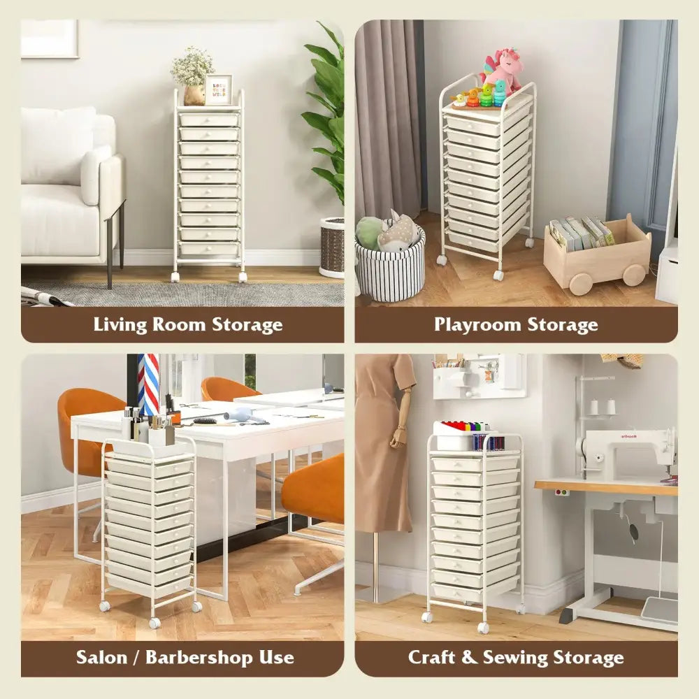 10 Drawer Rolling Storage Cart Organizer with 4 Universal Casters-White Costway