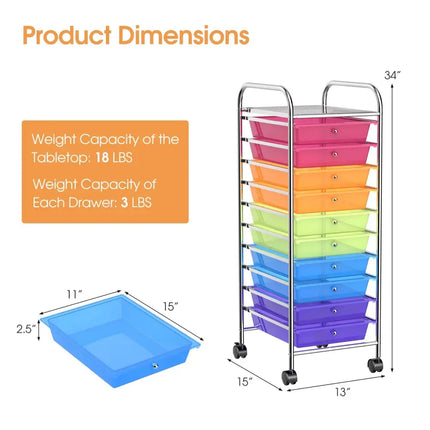 10 Drawer Rolling Storage Cart Organizer with 4 Universal Casters-Transparent Multicolor Costway