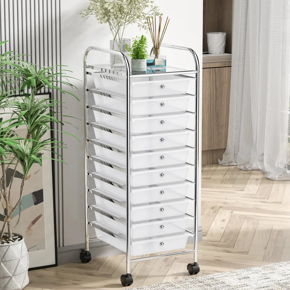 10 Drawer Rolling Storage Cart Organizer with 4 Universal Casters-Transparent - Transparent - File Cabinets