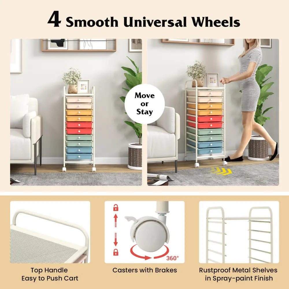 10 Drawer Rolling Storage Cart Organizer with 4 Universal Casters-Macaron Multicolor - Macaron Multicolor - File