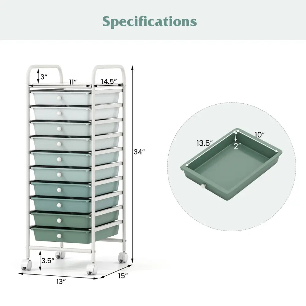 10 Drawer Rolling Storage Cart Organizer with 4 Universal Casters-Green - Green - File Cabinets