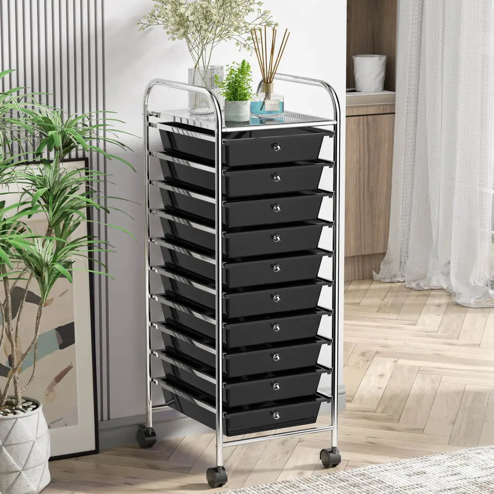 10 Drawer Rolling Storage Cart Organizer with 4 Universal Casters-Black - Black - File Cabinets