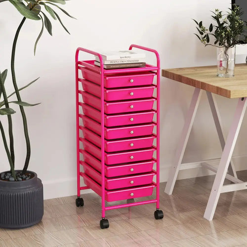 10 Drawer Rolling Storage Cart Organizer with 4 Universal Casters-Pink Costway