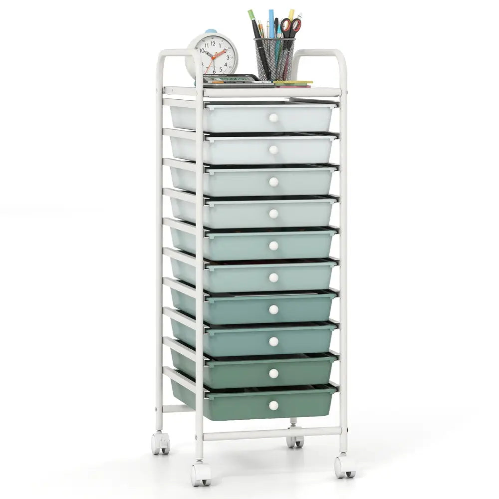 10 Drawer Rolling Storage Cart Organizer with 4 Universal Casters-Green - Green - File Cabinets