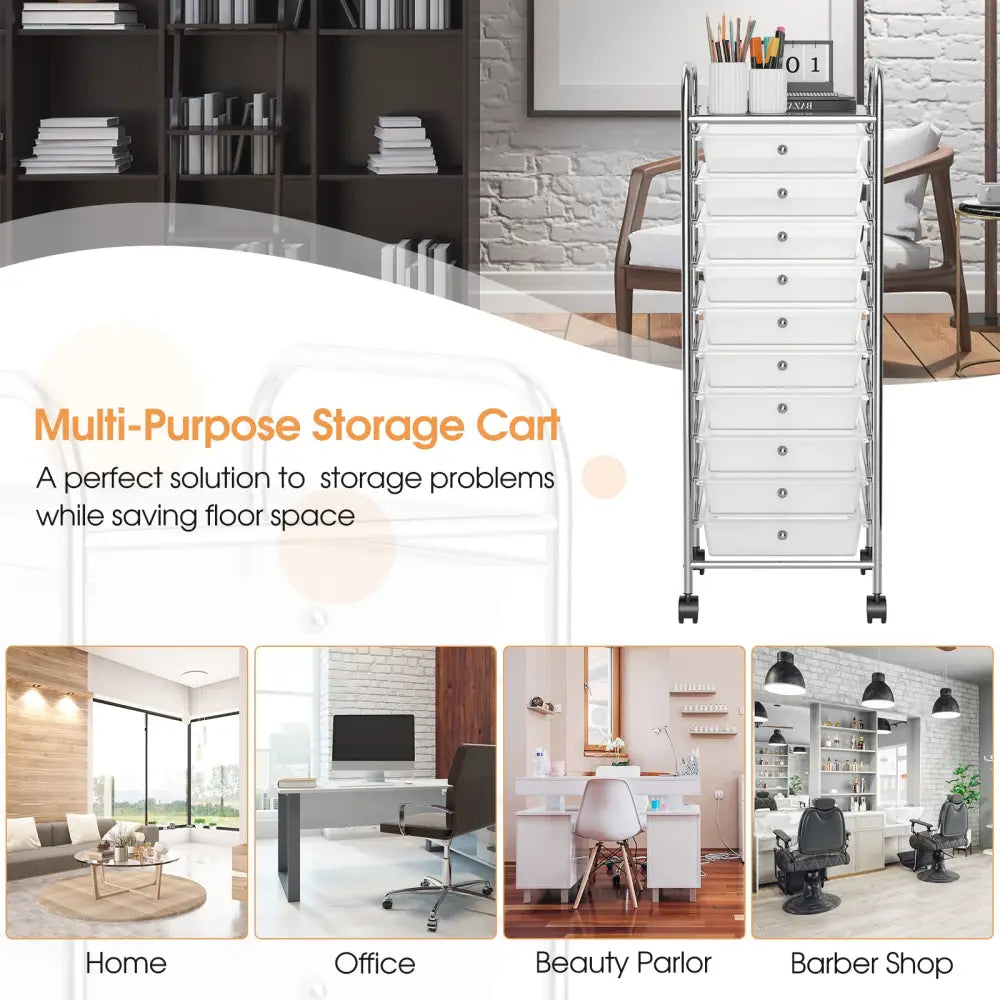 10 Drawer Rolling Storage Cart Organizer with 4 Universal Casters-Transparent - Transparent - File Cabinets