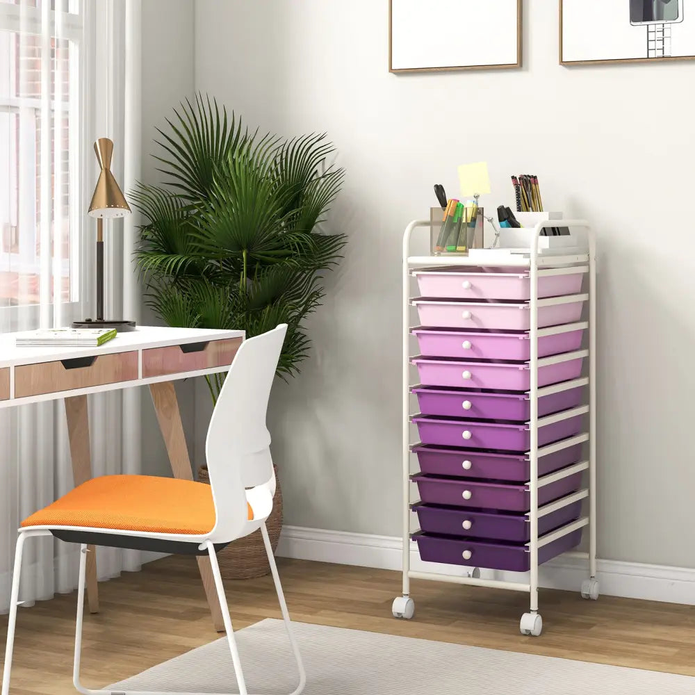 10 Drawer Rolling Storage Cart Organizer with 4 Universal Casters-Purple - Purple - File Cabinets