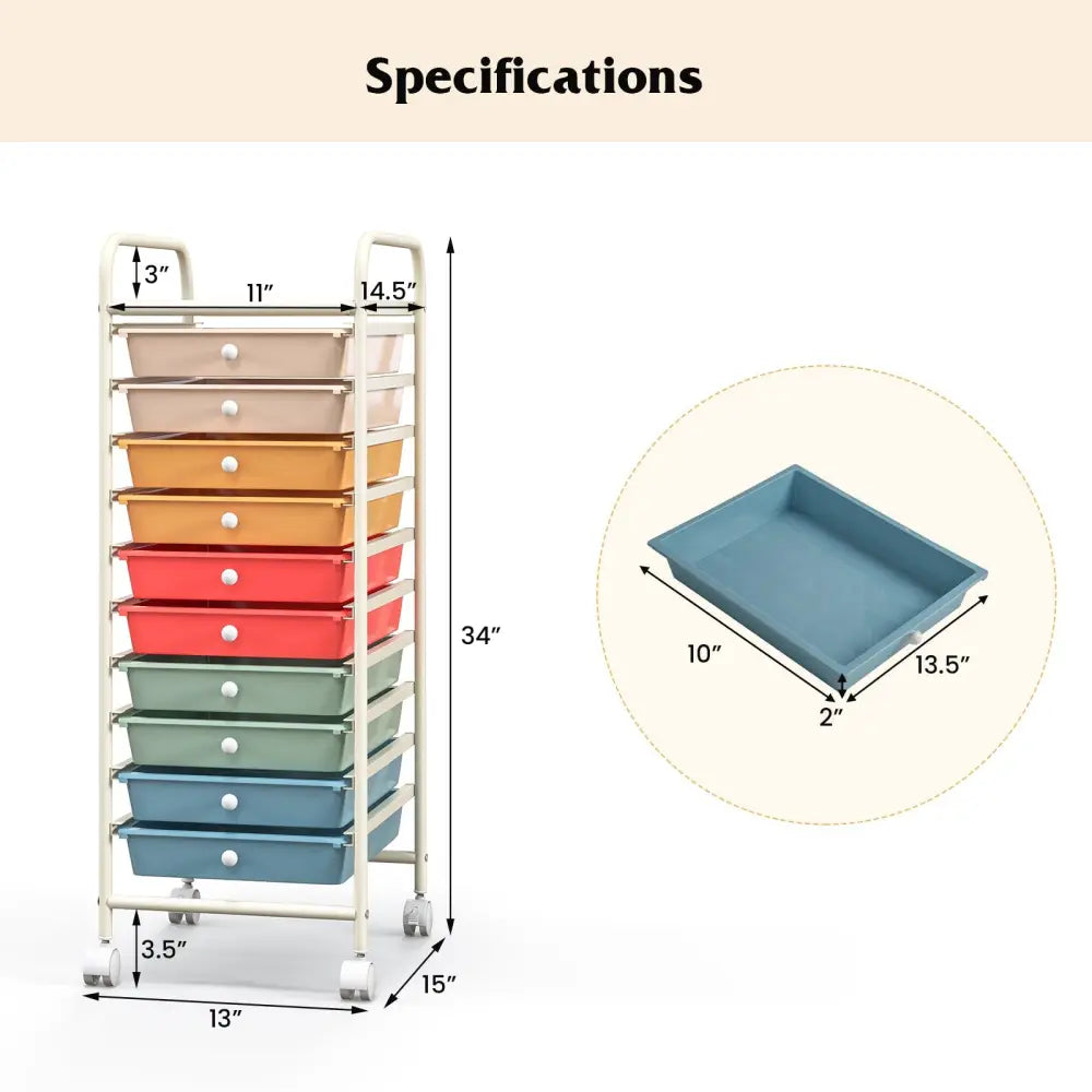10 Drawer Rolling Storage Cart Organizer with 4 Universal Casters-Macaron Multicolor - Macaron Multicolor - File