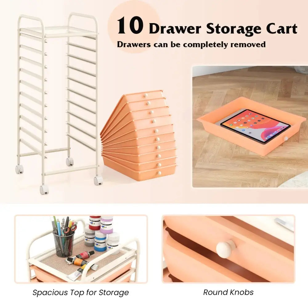 10 Drawer Rolling Storage Cart Organizer with 4 Universal Casters-Cherry Costway