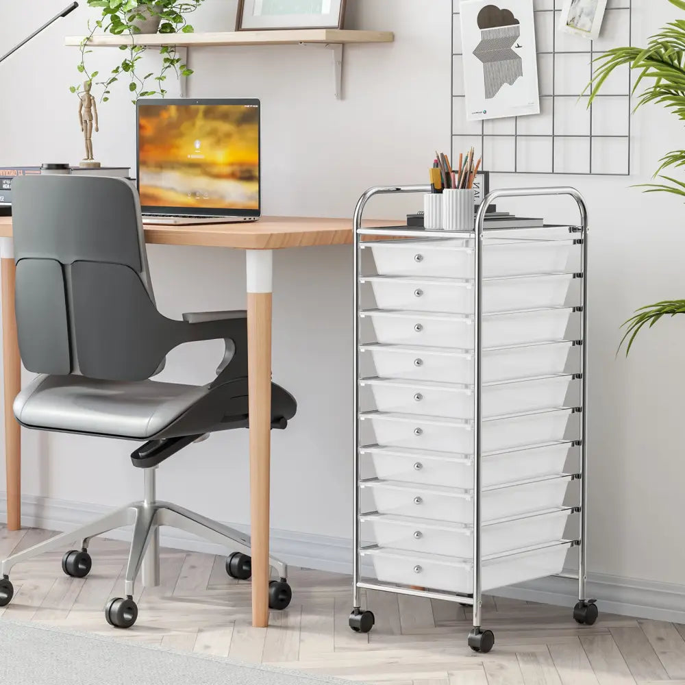 10 Drawer Rolling Storage Cart Organizer with 4 Universal Casters-Transparent - Transparent - File Cabinets