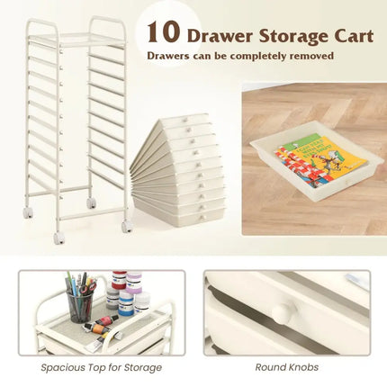10 Drawer Rolling Storage Cart Organizer with 4 Universal Casters-White Costway
