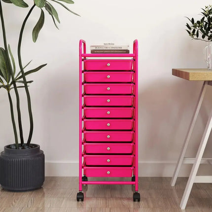 10 Drawer Rolling Storage Cart Organizer with 4 Universal Casters-Pink Costway