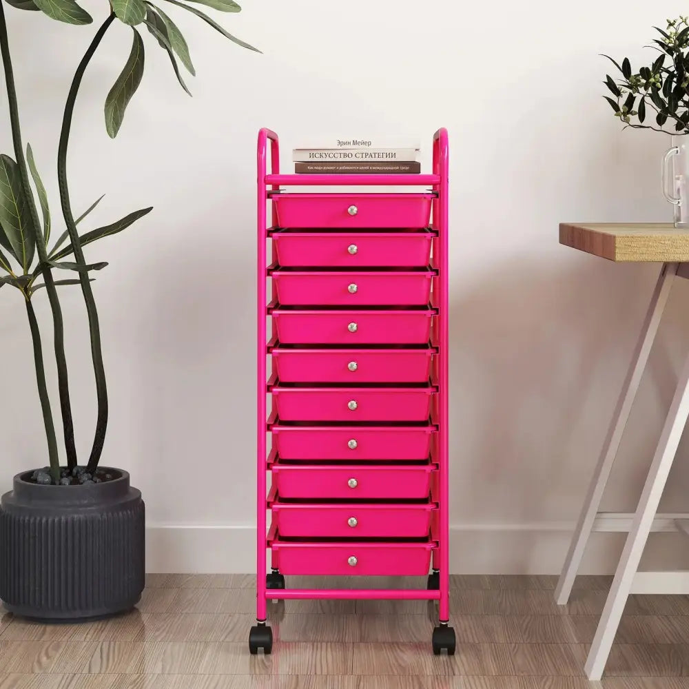 10 Drawer Rolling Storage Cart Organizer with 4 Universal Casters-Pink Costway