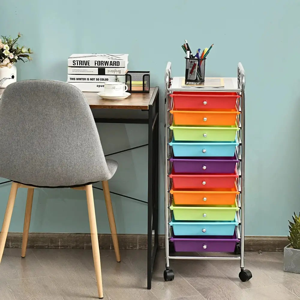 10 Drawer Rolling Storage Cart Organizer with 4 Universal Casters-Multicolor Costway