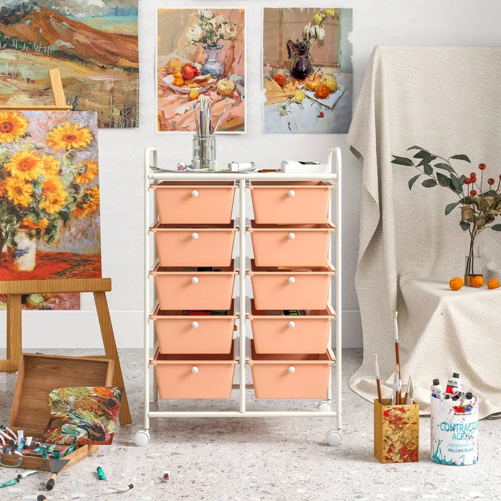 10-Drawer Rolling Storage Cart-Peach - Peach - File Cabinets