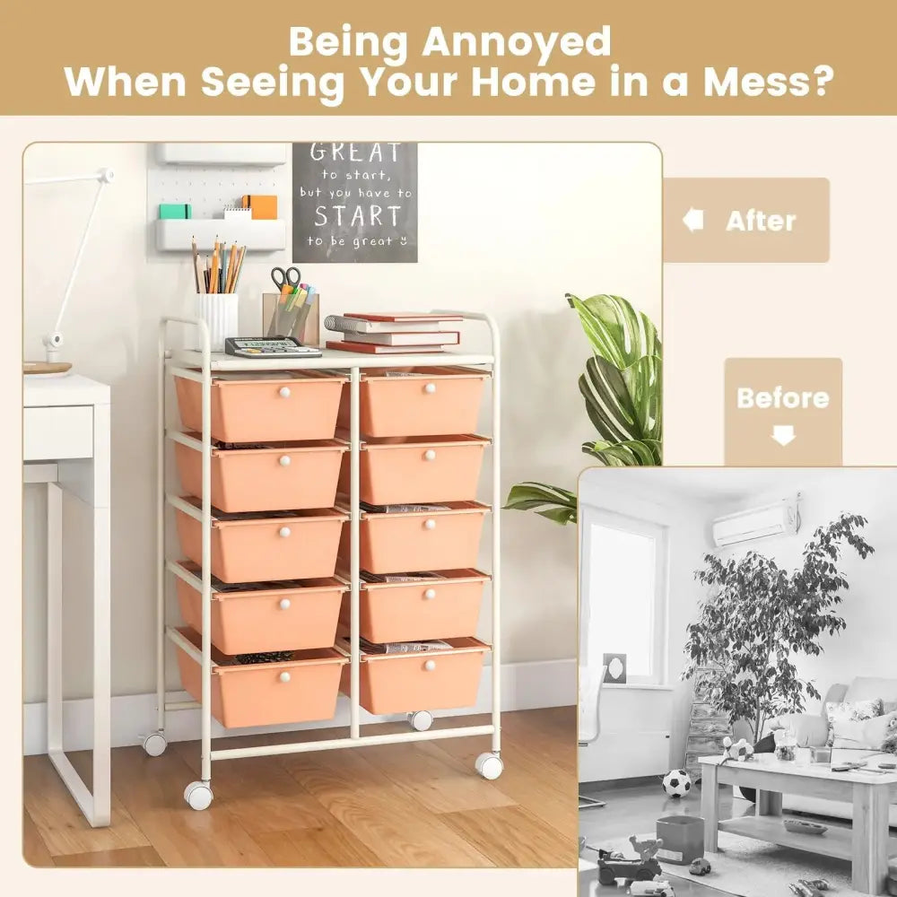 10-Drawer Rolling Storage Cart-Peach Costway