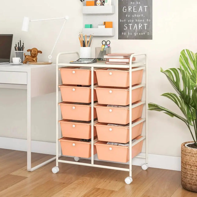 10-Drawer Rolling Storage Cart-Peach Costway