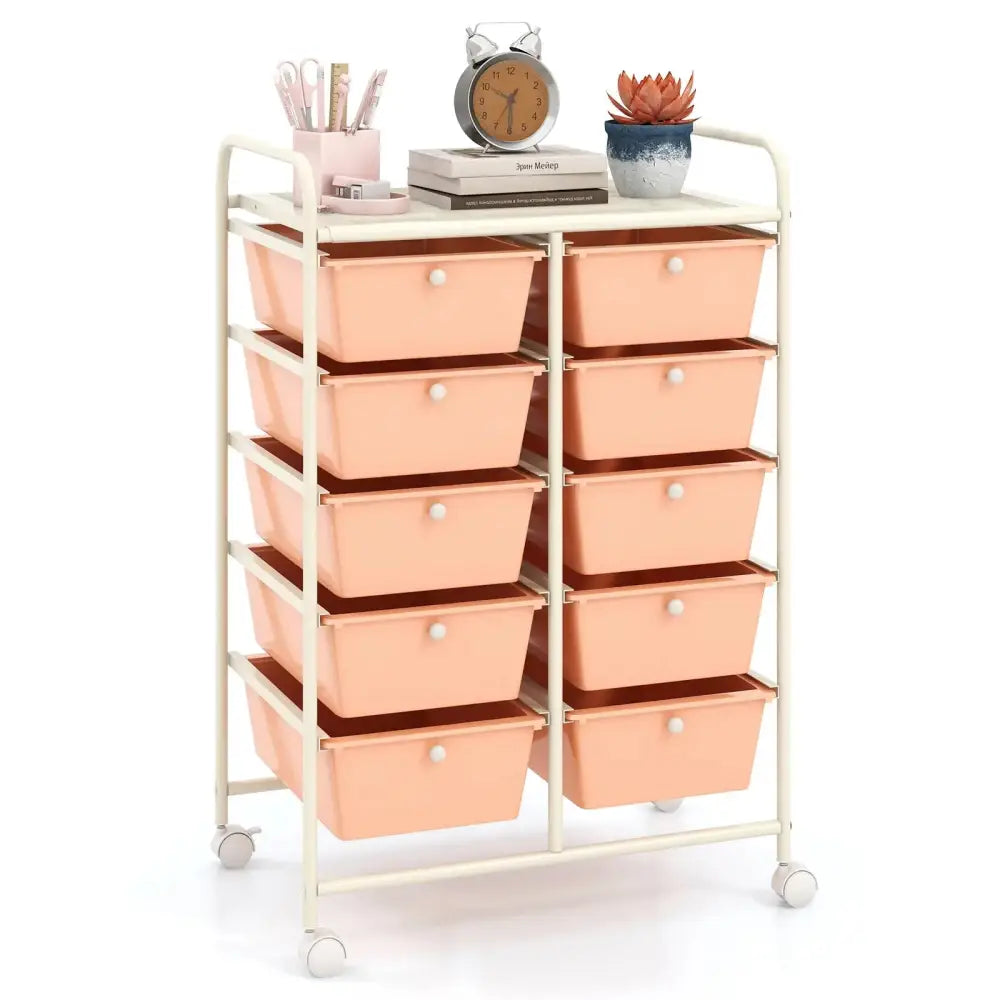 10-Drawer Rolling Storage Cart-Peach Costway