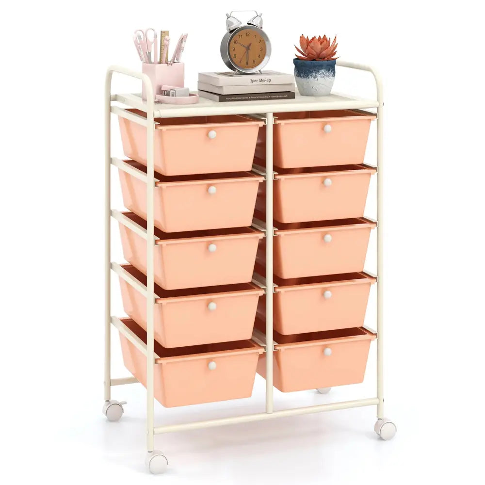10-Drawer Rolling Storage Cart-Peach - Peach - File Cabinets