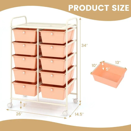10-Drawer Rolling Storage Cart-Peach Costway
