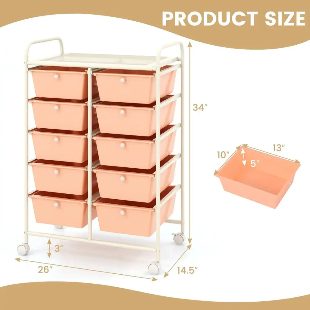 10-Drawer Rolling Storage Cart-Peach Costway