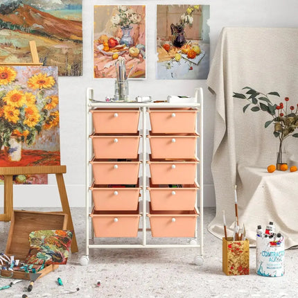 10-Drawer Rolling Storage Cart-Peach Costway