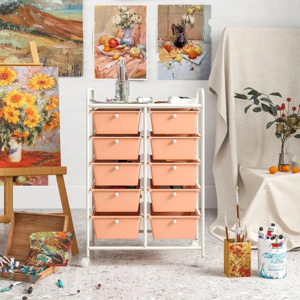 10-Drawer Rolling Storage Cart-Peach Costway