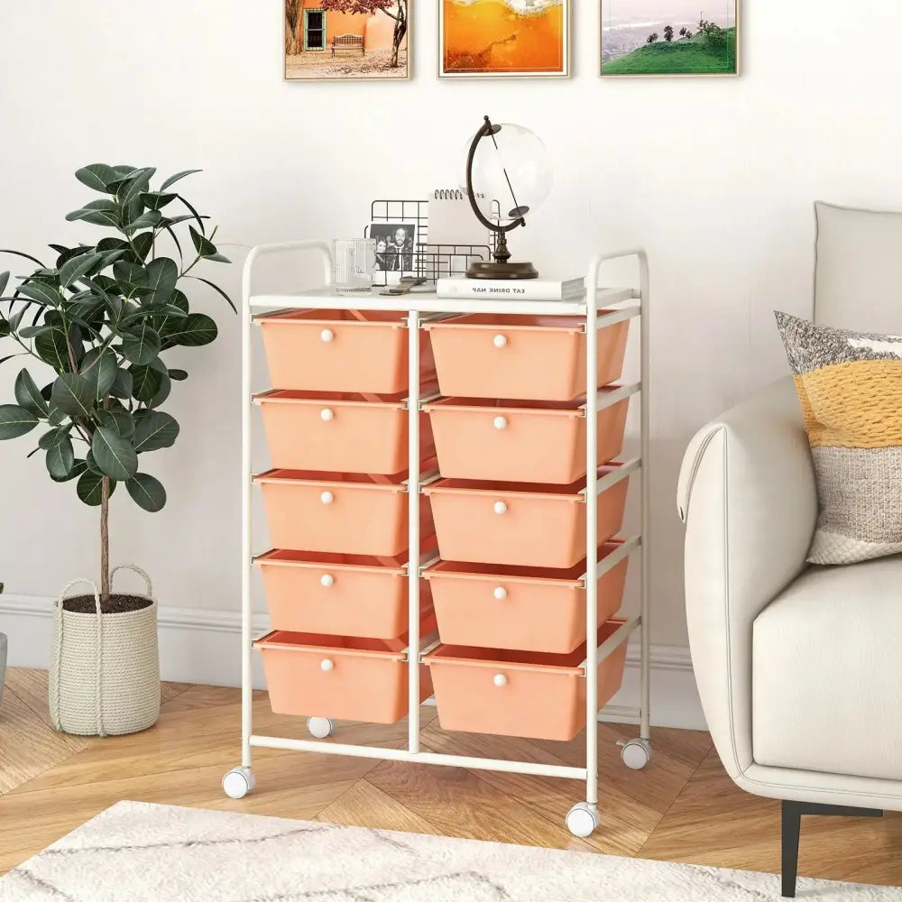 10-Drawer Rolling Storage Cart-Peach Costway