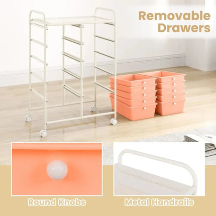 10-Drawer Rolling Storage Cart-Peach Costway